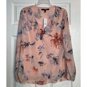 White House Black Market Floral Ruffle V-Neck Blouse Marigold Cameo Sz 8 NWT